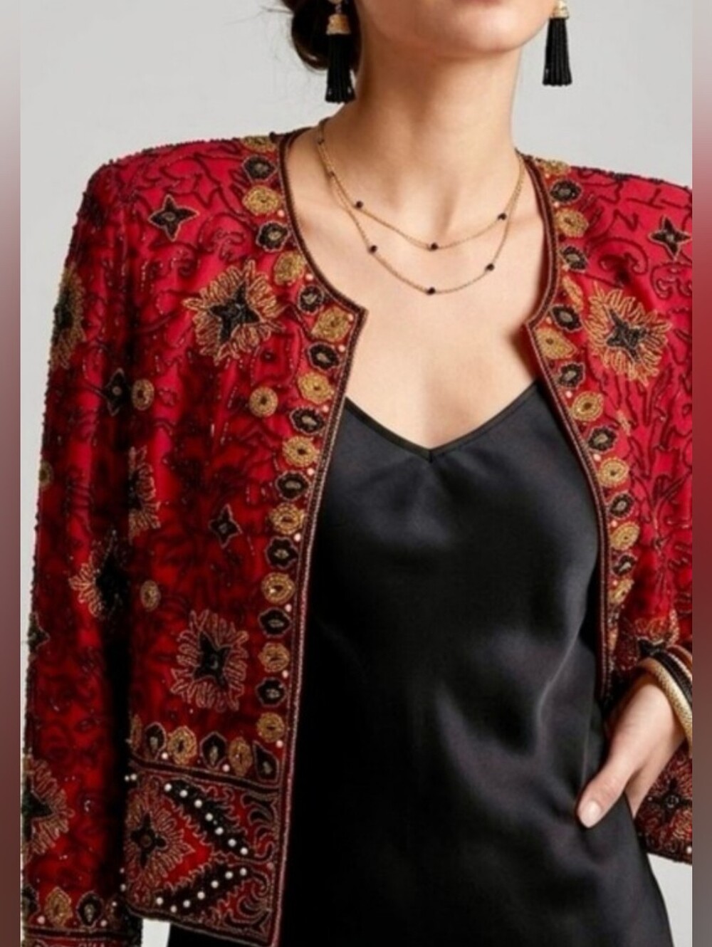 Holiday Jacket Vintage Adrianna Papell Beaded Silk Evening Jacket Red Black Gold